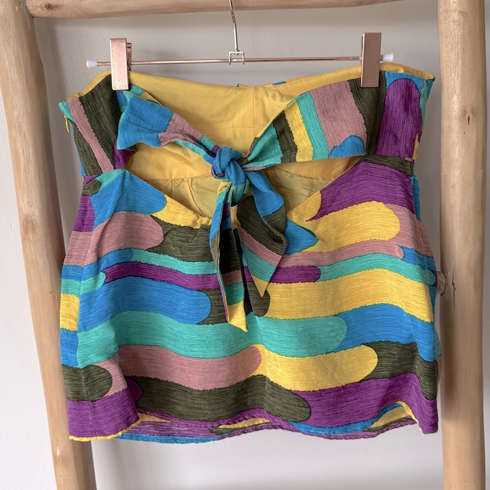 Tibi Multicolor Abstract Pattern Silk Linen Blend Colorful Strapless Summer Top - Picture 5 of 9